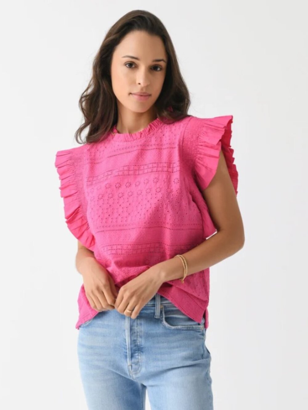 English Factory Women's Ruffle Sleeve Embroidered Cotton Top - Saint Bernard Eng